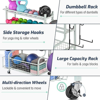 PLKOW Dumbbell Rack, Weight Rack for Dumbbells, Home Gym Storage for Dumbbells Kettlebells Yoga Mat and Balls, All in One Workout Storage with Wheels and Hooks, Powder Coated Finish Steel