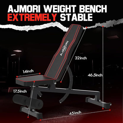 Adjustable Weight Bench,Workout Bench for Home Gym, 1200 LB Stable Incline Decline Bench for Full Body Workout