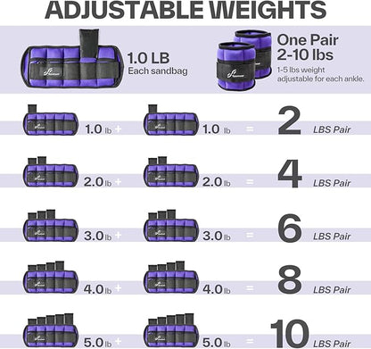 Sportneer Adjustable Ankle Weights 1 Pair 2 4 6 8 10 Lbs Leg Weight Straps for Women Men, Weighted Ankle Weights Set for Gym,Fitness, Workout,Walking, Jogging,1-5 lbs Each Ankle, 1 Pair 2-10 lbs