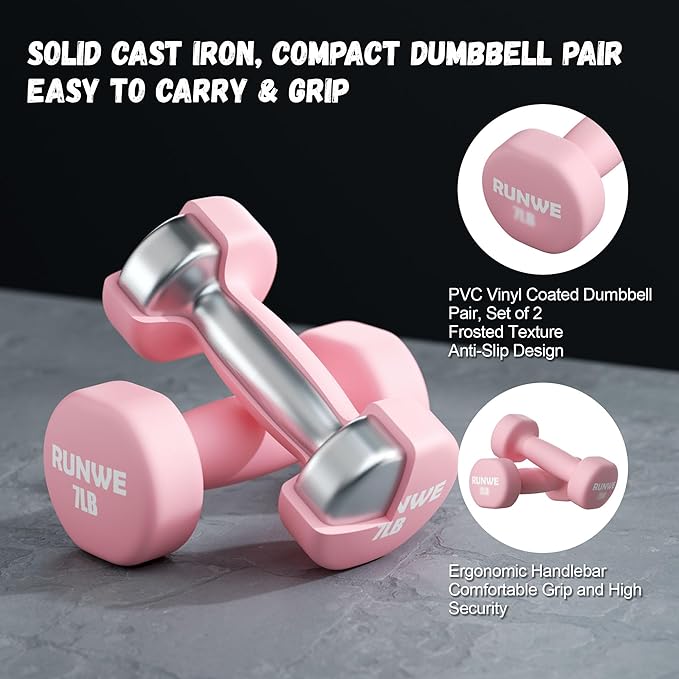 RUNWE Dumbbells Set of 2 - Cast Iron Dumbbell Pairs Options for 1 3 5 7 OR 10 LB Each, Hand Weights Sets Exercise & Fitness Dumbbell Free Weights for Child, Women, Men (Sold in One Pair Not All Sets)