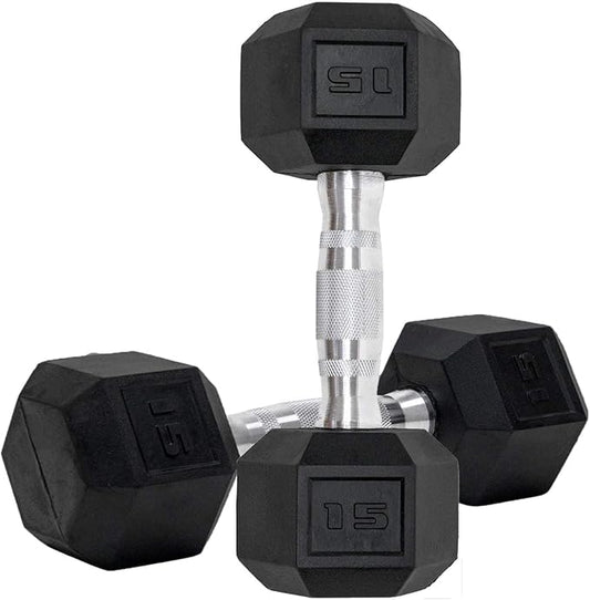 Dumbbells Set of 2 Hex Rubber Encased Dumbbells, Weights Dumbbells Set with Metal Handle for Exercise and Fitness (15 lb, Pair)