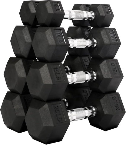 Signature Fitness Rubber Encased Hex Dumbbell, Set Including 5, 10, 15, 20LB Pairs