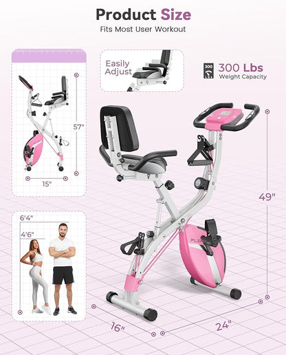 Folding Exercise Bike, Indoor Stationary Bike 16-Level Magnetic Resistance with Arm Resistance Band, Back Support Cushion Workout Bike for Home Workout Gym