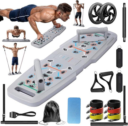 Push Up Board,Home Gym,Portable Exercise Equipment,Pilates Bar & 20 Fitness Accessories with Resistance Bands & Ab Roller Wheel,Full Body Workout at Home.