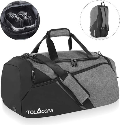 Tolaccea Gym Bag for Men Women, Large Sport Duffel Bag with Shoe Compartment Wet Compartment, Travel Duffel Bag Backpack, Weekend Bag Carry On Backpack for Gym, Travel, Fitness, Workout (Grey, 47L)