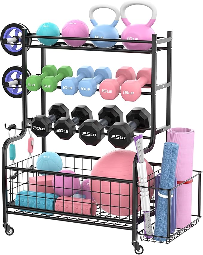 Yoga Mat Storage Rack, Home Gym Storage Rack for Dumbbells, Kettlebells, Foam Roller, Yoga Strap and Resistance Bands, Exercise Equipment Storage Organizer With Wheels