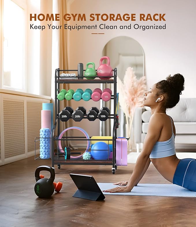 Weight Rack for Dumbbells, All in One Home Gym Storage Rack for Yoga Mat Dumbbells and Kettlebells Holder, 4 Tier Heavy Duty Metal Workout Gym Equipment Storage Organizer with Wheels and Hooks