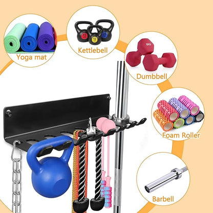 Gym Rack Organizer, Home Gym Accessories Hanger, Wall Mount Hooks for Olympic Barbells, Row Handles, Bats or Tools (E-Book Instruction Included)