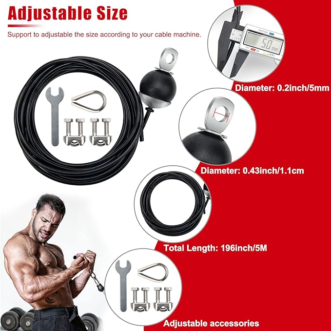 Fitness Pulley Cable 196 Inch, Adjustable Home Gym Cable Pulley System Replacement Fitness Cable for Pulley Machine Accessories, Thick 5mm Heavy Duty Pulley Cable for Home Gym