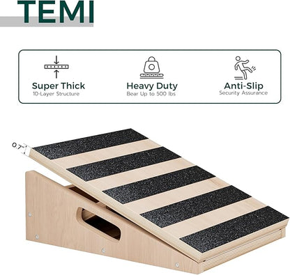 TEMI Calf Stretcher Slant Board - Professional Incline Board for Calf Stretching Heavy Duty, Adjustable Wooden Stretch Wedge Board for Foot Ankle, Knee, Achilles and Calf Stretching Exercise (Large)