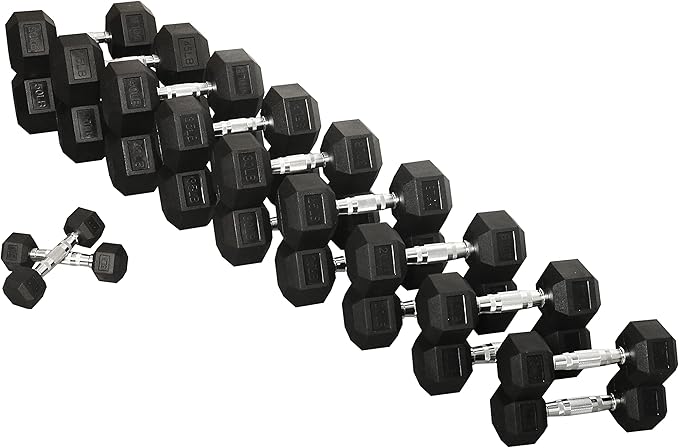 Signature Fitness Premium Rubber Coated Hex Dumbbell Weight Set, Multiple Packages