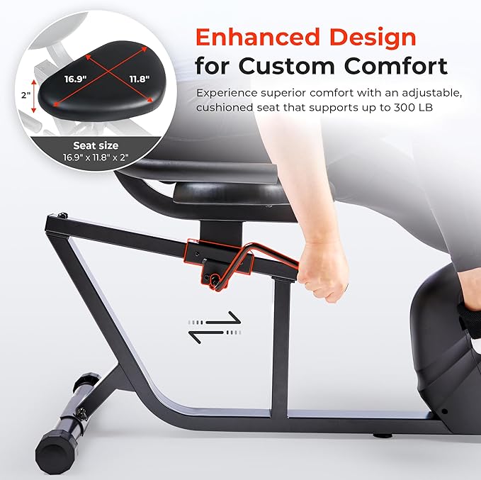 Sunny Health & Fitness Magnetic Recumbent Bike w/ 300LB Weight Capacity & Adjustable Wide Cushioned Seat, Home Exercise Machine for Adult/Seniors, Optional Bluetooth Connect to Exclusive SunnyFit App