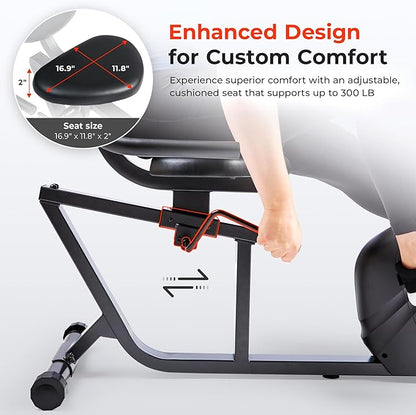 Sunny Health & Fitness Magnetic Recumbent Bike w/ 300LB Weight Capacity & Adjustable Wide Cushioned Seat, Home Exercise Machine for Adult/Seniors, Optional Bluetooth Connect to Exclusive SunnyFit App