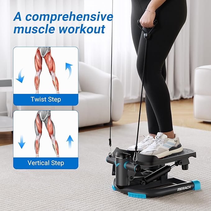 MERACH Dual-Action Mini Stepper for Exercise, Hydraulic Stepper with Large Range, Up-Down and Twisting Motion for Full-Body Workout, 330LBS Capacity Twist Stair Stepper with Resistance Bands for Home