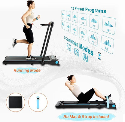 Ksports 3-in-1 Folding Electric Treadmill, Home Gym Cardio Strength Training Workout Set w/Ab Mat, Sit Up Strap