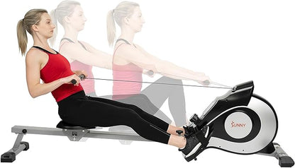 Sunny Health & Fitness Magnetic Rowing Machine with 53.4" Extended Slide Rail, Full-Body Workout, Low-Impact, Ergonomic Full Motion or Premium Water Motion and Optional Exclusive SunnyFit App