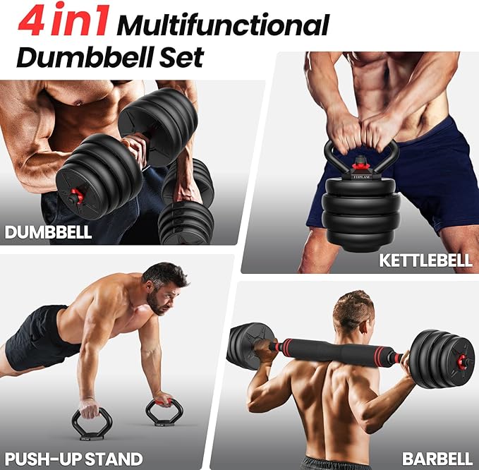 Adjustable dumbbell set, 20/35/55/70lbs Free Weights set with upgraded nut, 4 in 1 Weight Set Used as Kettlebells, Barbell, Push up Stand, Fitness Exercise for Home Gym Suitable Men/Women