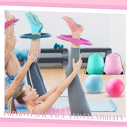 Poen 14 Pcs Pilates Ring and Ball Set for Women Pilates Ring Circle Ball with Stretching Strap 8 Resistance Bands Non Slip Socks Gym Back Bags Exercise Equipment for Workout