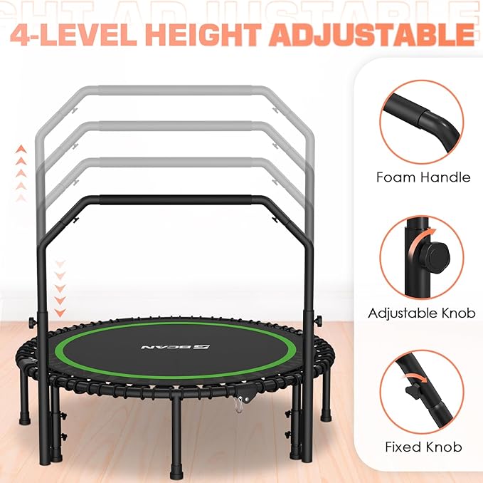 BCAN 40"/48" Foldable Mini Trampoline with Resistance Band, 450 LBS Fitness Trampoline with Bungees, U Shape Adjustable Foam Handle, Stable & Quiet Exercise Rebounder for Adults Indoor/Garden