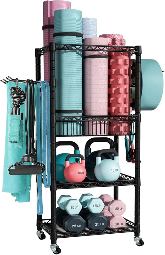 S1 Home Gym Storage, 3-Tier Workout Equipment Organizer with Wheels for Yoga Mats, Foam Roller, Dumbbells, Kettlebells, and Resistance Bands, 47.4" H x 27.5" L x 11.8" D, Black