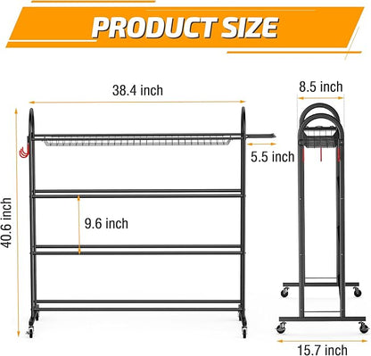 PLKOW Basketball Rack, Rolling Ball Storage with Baseball Bat Holder and Hooks, Sports Equipment Storage with Wheels for Volleyball, Football and Basketball Accessories, Powder Coated Steel