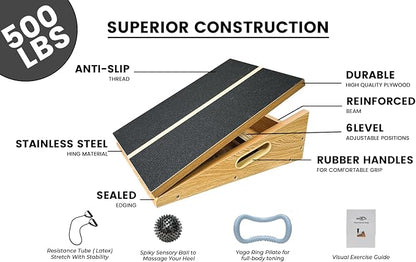 6-in-1 Professional Slant Board with Resistance Tube, Yoga Ring and Spiky Ball, 6 Adjustable Angles Slant Board for Calf Stretching, Calf Stretcher Slant Board.