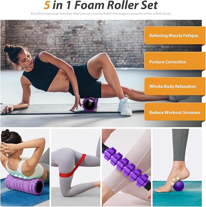 SUBCULTUREPICK5 in 1 Foam Roller Set for Deep Tissue Muscle Massage, Trigger Point Fitness Patented Exercise Foam Roller, Massage Roller, Massage Ball, Stretching Strap, for Whole Body (Purple)