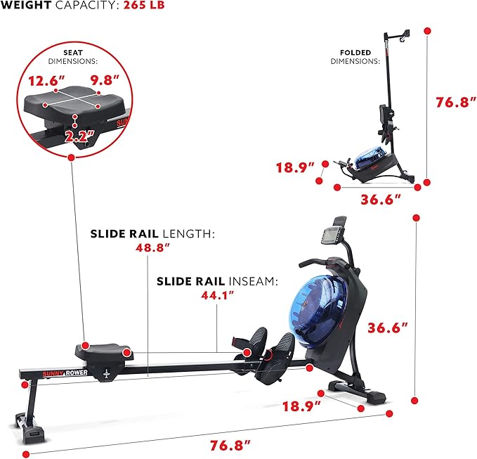 Sunny Health & Fitness Elite Water Rowing Machine with High Resistance Vertical Tank, Optional Exclusive Bluetooth SunnyFit App