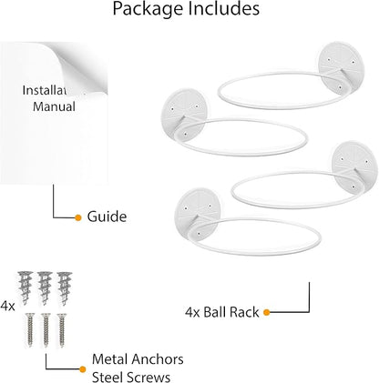 Wallniture Sporta Ball Storage Rack Wall Mounted Set of 4, Soccer Ball, Volleyball and Basketball Rack, Metal