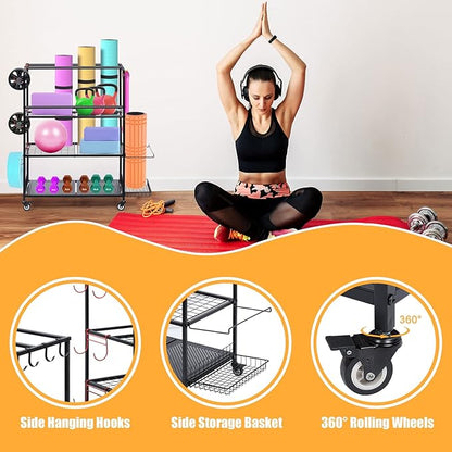 HEOMU Yoga Mat Storage Rack, Home Gym Storage Rack for Dumbbells Kettlebells, Gym Organizer Gym Equipment Storage Cart with Wheels and Hooks, Black