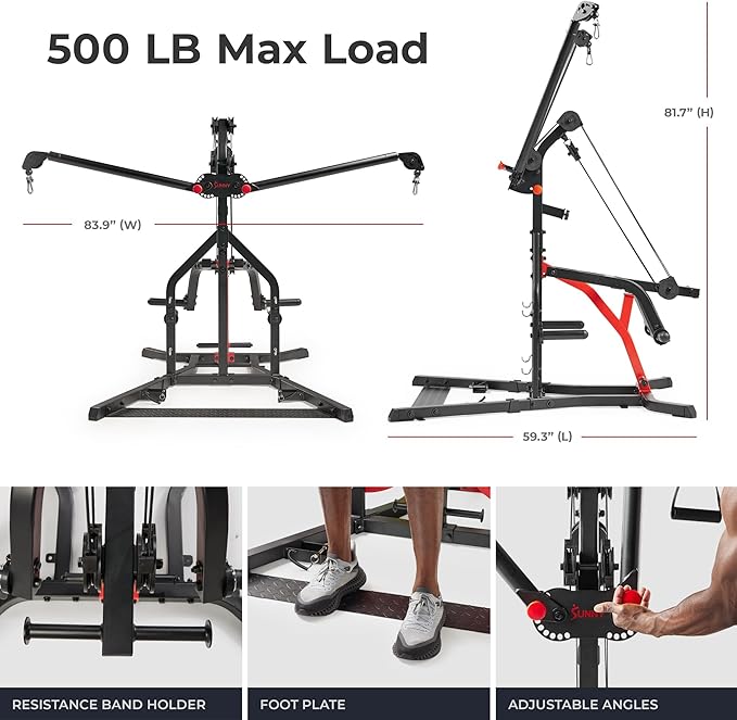 Sunny Health & Fitness Multifunctional Strength Training All in One Home Gym 500 LB Max Load Weight, Adjustable Arm Angle, Resistance Band Feature, Olympic Weight Holder Workout Equipment - SF-HG92401