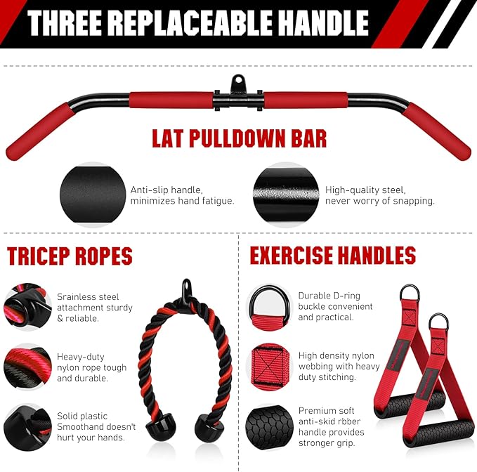 Fitness LAT and Lift Pulley System Gym - Upgraded LAT Pull Down Cable Machine Attachments, Loading Pin, Handle and Tricep Rope, for Biceps Curl, Forearm, Triceps Exercise Gym Equipment