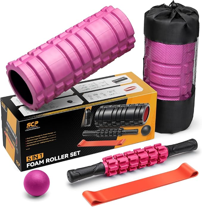 5 in 1 Foam Roller Set for Deep Tissue Muscle Massage, Trigger Point Fitness Patented Exercise Foam Roller, Massage Roller, Massage Ball, Stretching Strap, for Whole Body (Pink-Black)