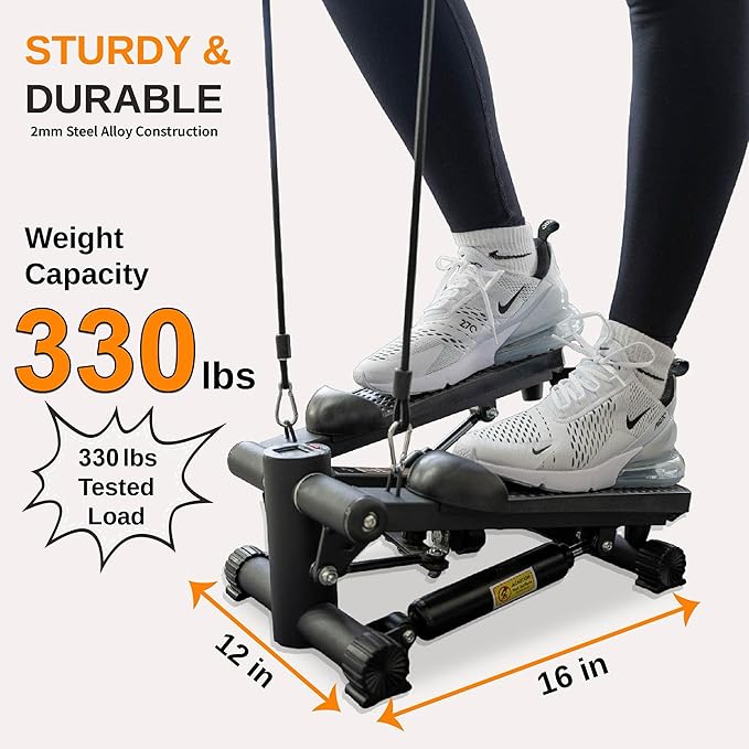 Mini Stepper with Resistance Bands & Wrist Trainer - Portable Exerciser with LCD Display for Home & Office, Smooth, Quiet 330 LB Full Body Workout, Floor-Protecting Mat & Extras, ISO Certified!