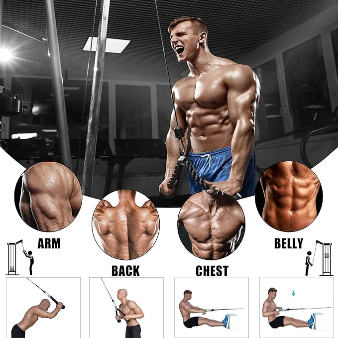 Cable Pulley System Fitness Home Gym Accessories Pro Weight Lifting Exercise Equipment for LAT Pulldowns Biceps Curl Triceps Extensions Forearm Workout （2 Cables + 3 Handles）