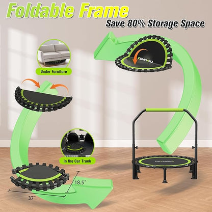 Foldable Mini Trampoline, 40"/48" Rebounder Trampoline for Adults & Kids, 450lbs Capacity with U-Shaped Adjustable Bar, Indoor Fitness Workout Exercise Equipment