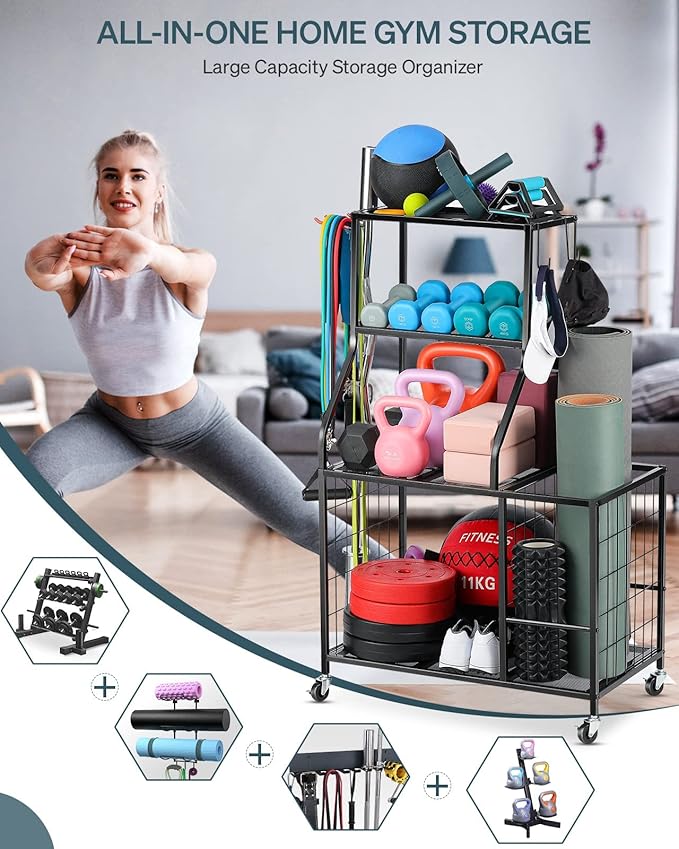 Weight Rack Home Gym Storage, Yoga Mat Storage Rack Workout Equipment Storage Rack for Dumbbells Kettlebell Resistance Band, Exercise Equipment Gym Rack Organizer with Wheel and Levelling Feet