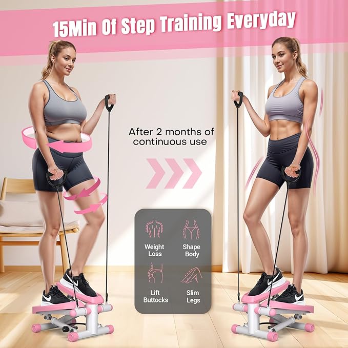 Steppers for Exercise at Home, Adjustable Resistance Stair Steppers for Women with Arm Training Bands, 10DB Super Quiet Mini Steppers with 350LBS Loading Bearing Home Fitness Equipment