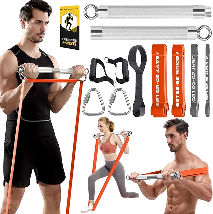 Resistance Band Bar, 500 LBS Load Strength Training Bar with 4 Heavy Resistance Bands with Bar for Chest Press Deadlift Squats Curl, Workout Bands with Handles, Portable Home Workout Equipment