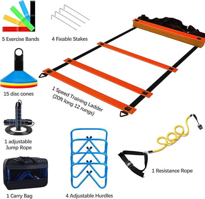 Soccer Agility Training Equipment 20FT Agility Ladder,4 Speed 15 Cones,