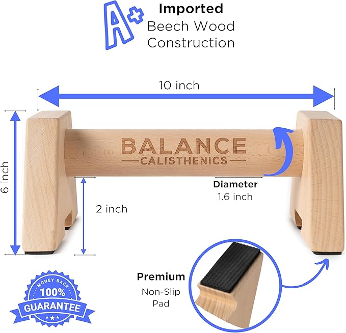 Wooden Parallettes Push Up Bars Bundle With Bag, Gym Chalk , Wristwraps, Paralettes, Strap | Dip Bar Handles 2pcs Paralette Handstand Non-Slip Base Exercise Handle For Floor Home Workout Equipment Parallel Handstand Dips Ergonomical Perfect Pushup