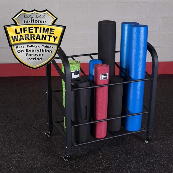 Body-Solid (GYR500 Foam Roller & Yoga Mat Storage Rack with Wheels - Holds 12 Mats or Foam Rollers, Lockable Casters, Durable Steel Frame