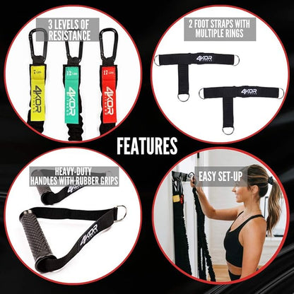 Resistance Cord Strength System, with Interchangeable Handles, Protective Nylon Sleeves, Foot Straps, Anchor Straps, and Carrying Bag. Perfect for Dynamic Warmups, Crossfit, and Rehab - Black Deluxe Edition