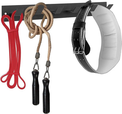 MyGift Black Metal Gym Equipment Rack, Wall Mounted Exercise and Fitness Accessories Organizer Hanging Rack with 6 Hooks for Resistance Bands, Jump Ropes, and Weight Belts