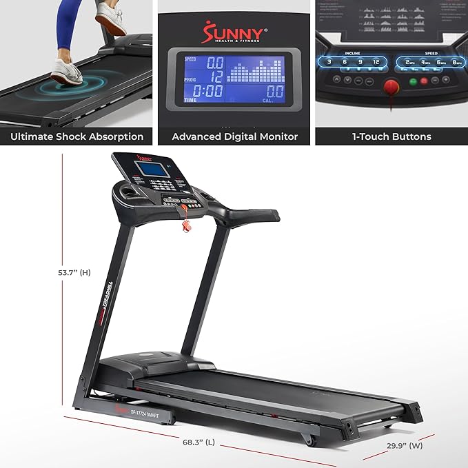 Sunny Health & Fitness Energy Flex Motorized Treadmill with Automatic Incline Easy Foldable Design Pulse Sensors Digital Display and Optional SunnyFit® App Enhanced Bluetooth Connectivity