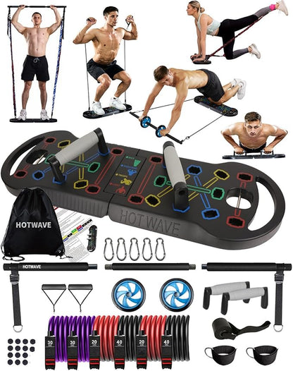 HOTWAVE Portable Exercise Equipment with 16 Gym Accessories.20 in 1 Push Up Board Fitness,Resistance Bands with Ab Roller Wheel,Full Body Workout at Home