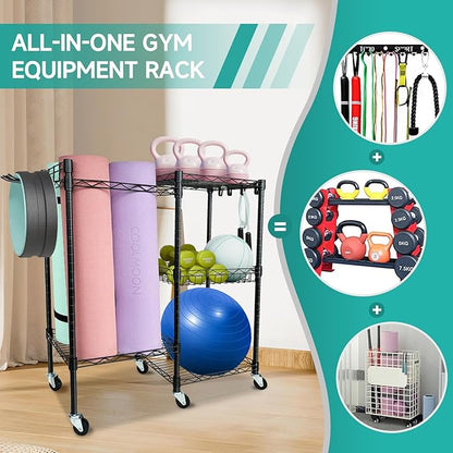 COOLMOON Home Gym Storage Rack, Yoga Mat Storage Rack, Gym Equipment Storage for Yoga Mats, Foam Roller, Dumbbells, Kettlebells and Resistance Bands, Workout Equipment Organizer with Wheels