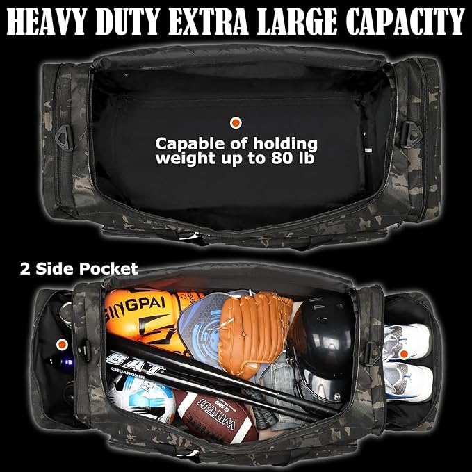 Extra Large Duffle Bag for Men, Heavy Duty Duffle Bag for Travel, Large Sports Gym Equipment Bag for Hockey Football Soccer Baseball Basketball & Team training, 130L, Dark Camo