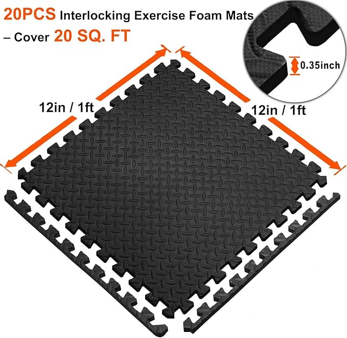 Exercise Mats Puzzle Foam Mats Gym Flooring Mat Cover 20 SQ.FT Interlocking Foam Mats with EVA Foam Floor Tiles for Home Gym Equipment Workouts (20pcs Black Mats)