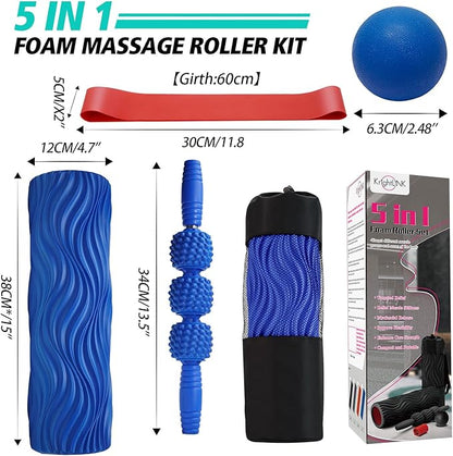 5 in 1 Foam Roller Set Muscle Massage Foam Ripple Roller for Deep Tissue Massage of The Back and Leg Muscles, Relieves Muscle Pain & Tightness, Improves Mobility (Blue)